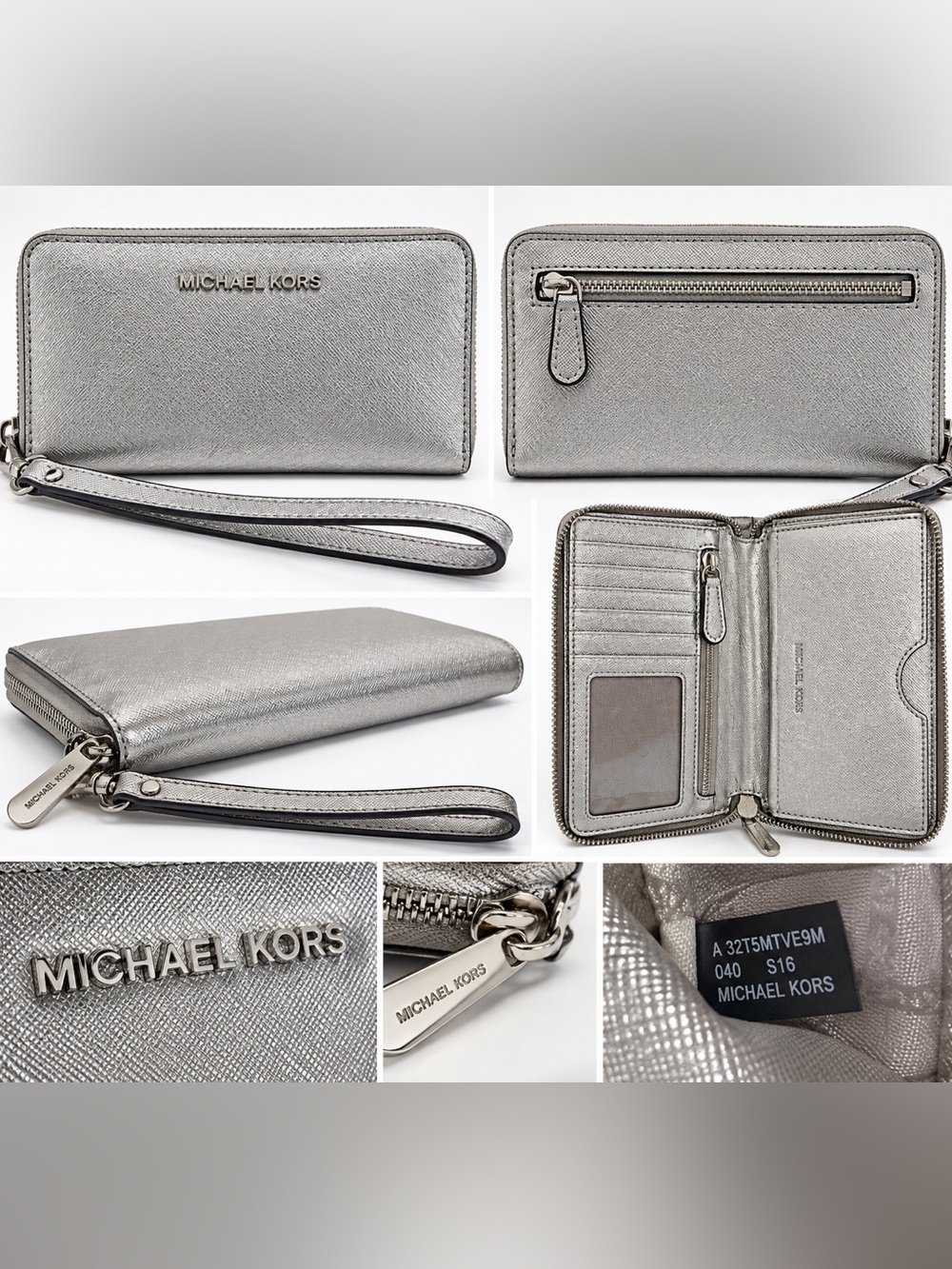 Michael Kors Metallic Silver Saffiano Zip Around Wristlet Wallet